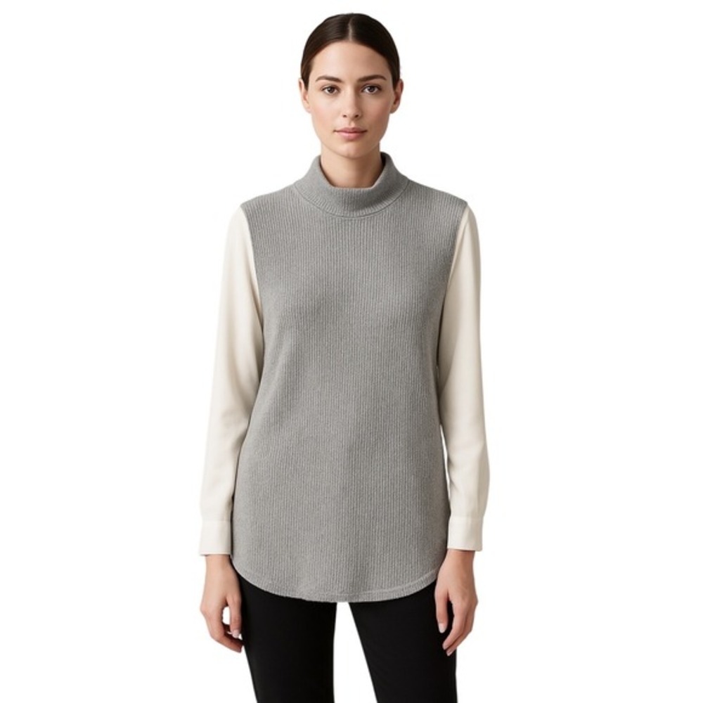 LOFT Gray Ribbed Media Turtleneck Sweater Ivory Chiffon‎ Blouse Insert XS 73-66